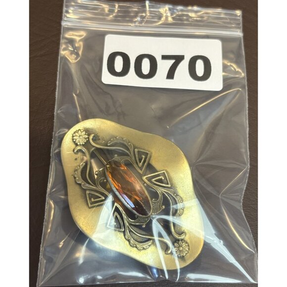 Antique ART NOUVEAU DECO Yellow Czech Glass Brass Sash Pin BROOCH Vintage - Picture 7 of 7